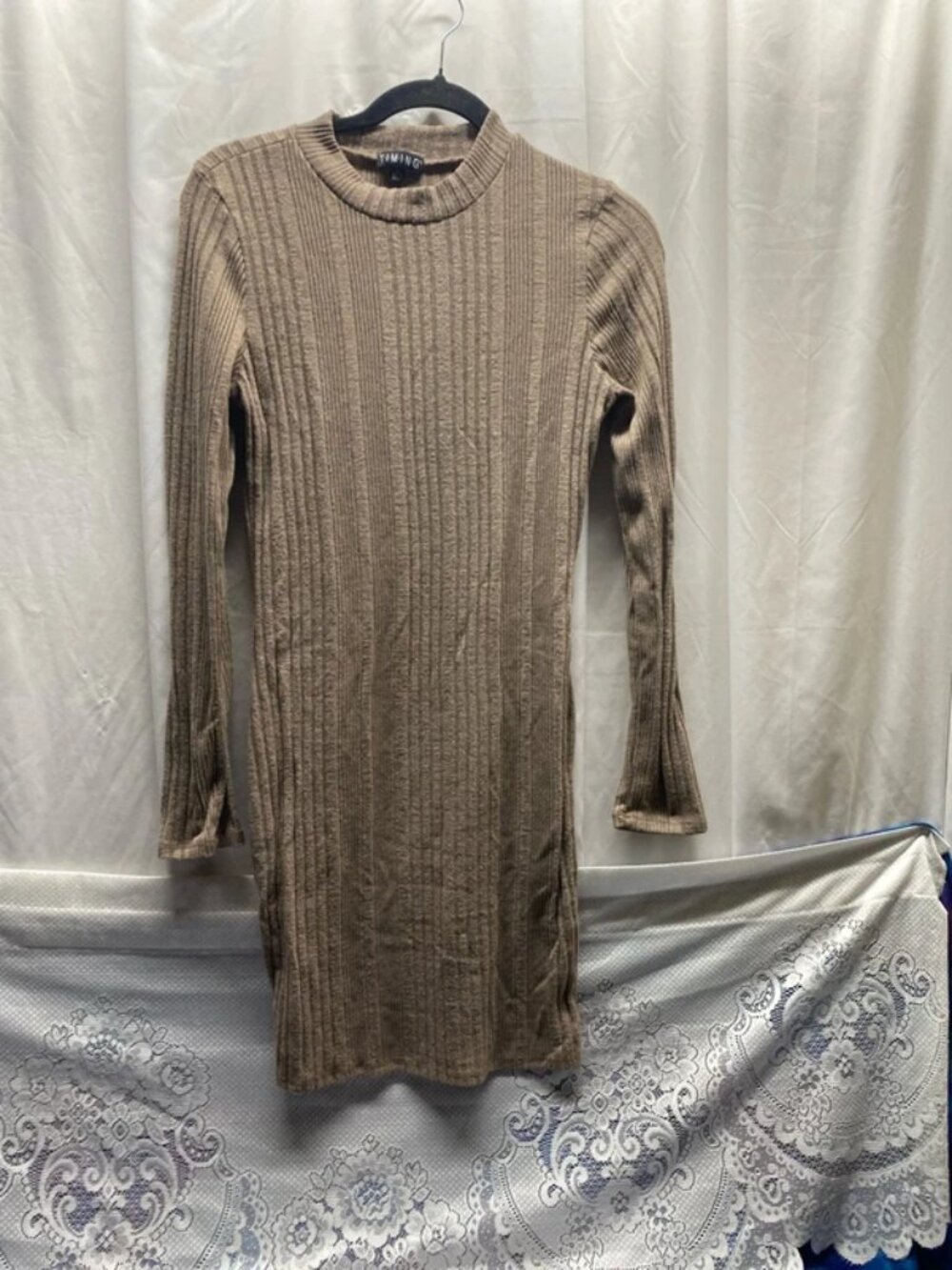 Timing large knit dress tan ribbed stretch midi